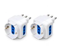 2 Pezzi Adattatore Triplo 16A Con Spina Italiana Decentrata, 3 Prese | 2 Prese Bipasso 10A/16A + 1 Presa UNEL Schuko 16A, Design Laterale Salvaspazio, 250V