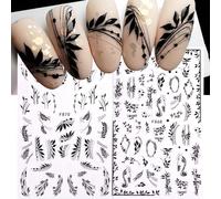 2 pezzi Adesivi 3D per unghie con foglie nere e bianche, decorazioni geometriche a linee astratte, foglie primaverili, accessori per manicure fai-da-te Geometrico,Lettere,stampa dappertuttoPET