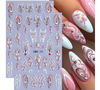 2 pezzi Adesivi decorativi per unghie stile floreale 5D, con foglie rosa e bianche, adesivi per unghie con rilievo, per decorazione unghie fai da te, accessori per manicure in acrilico Lettere,Piante,