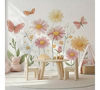 2 pezzi Adesivi murali floreali colorati - Adesivi in vinile moderni con fiori rosa, pesca, gialli, blu e verdi e farfalle - Decorazioni rimovibili e autoadesive per soggiorno, camera da letto o paret