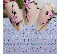 2 pezzi Adesivi per arte di unghie 3D a fiori di primavera, motivi floreali rosa e gialli con linee dorate geometriche, design di arte di unghie 3D autoadesivi, forniture per unghie da donna PiantePET