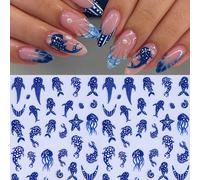 2 pezzi Adesivi per unghie 3D effetto rilievo blu oceano, decalcomanie per unghie con creature marine come balene, meduse, stelle marine, accessori per unghie stile spiaggia estiva per donne fai-da-te
