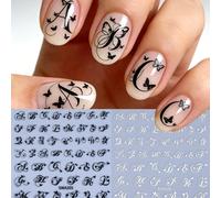 2 pezzi Adesivi per unghie a forma di lettere 3D, nero e bianco, parole in inglese gotiche ABC, strisce, linee, farfalle, design per manicure fai-da-te in stile Y2K retrò romantico, decalcomanie autoa