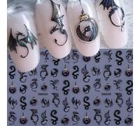 2 pezzi Adesivi per unghie con draghi neri lucidi, decalcomanie per unghie a tema Ognissanti con dinosauri, pterodattili, pipistrelli in stile gotico, autoadesivi, adatti per unghie in acrilico, decor