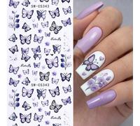 2 pezzi Adesivi per unghie con farfalle e fiori viola e neri, decalcomanie per unghie primaverili autoadesive, semplici e facili da usare per il salone di bellezza o per le unghie a casa LetterePET