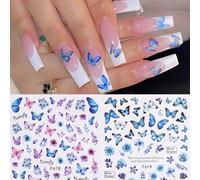 2 pezzi Adesivi per unghie con fiori, foglie e farfalle blu e viola, decorazioni per unghie fai-da-te. Applicare uno strato di smalto trasparente o top coat sulla superficie per rendere le unghie più 