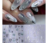 2 pezzi Adesivi per unghie linea stile Y2K, design asimmetrico 3D a cerchi neri e argento, strisce, stelle, fiocchi, cuori, strisce adesive per unghie olografiche fai-da-te, decorazioni per arte di un