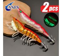 2 pezzi Ami luminosi a forma di calamaro, design misto - Esche per gamberetti - Esche artificiali per Egi, Jig per calamari e seppie, Esche dure per la pesca al polpo Set di 2 gamberetti in legno D,Se