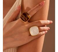2 pezzi Anelli aperti quadrati in acciaio inossidabile dorato con pietre in resina bianca e marrone, esagerati ed eleganti, adatti per la decorazione quotidiana o come regalo per le donne, possono ess