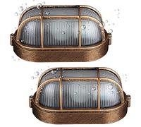 2 Pezzi Applique da Parete Esterno IP54, Lampada da Muro Ovale Stile Nautico Vintage con Griglia in Alluminio Bronzo Antico e Paralume in Vetro, Plafoniera E27 per Balcone Giardino Garage Terrazza