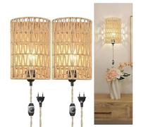 2 pezzi Applique da Parete Rattan E27, Lampada da Muro Boho con Interruttore e Spina Filo, Lampade da Murale Rustico Corda Canapa Luce da Parete per Camera da Letto Corridoio(Lampadina non Inclusa)