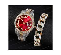 (2 pezzi argento oro rosso) 2 pezzi orologio con cinturino hip hop in acciaio inossidabile color oro