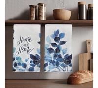 2 pezzi Asciugamani da cucina con stampa di foglie blu acquerello e testo casa Sweet casa, asciugamani da tavola 40*60cm/45*70cm in microfibra, moderni e morbidi, asciugamani per le mani, decorazione