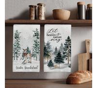 2 pezzi Asciugamani da cucina in microfibra super assorbenti e morbidi con stampa di cervi in un bosco invernale ad acquerello, 40 x 60 cm, adatti per ristoranti, cucine, decorazioni natalizie e regal