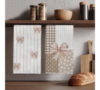 2 Pezzi Asciugamani da Cucina Marroni con Fiocco & Stampa Patchwork a Pois Floreale Righe Quadri 40*60cm/45*70cm Materiale in Poliestere Super Fine Fibra Morbido Moderno Asciugamani da Cucina, Asciuga