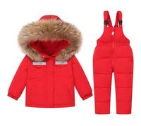 2 Pezzi Bambino Tuta da Neve Inverno Giù con Cappuccio Giacca + Nevicare Pantaloni con Bretelle Ragazzi Ragazze Bambini Sciare Vestiario Rosso 3-4 Anni