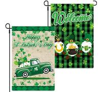 2 Pezzi Bandiera da Giardino di San Patrizio 18 x 12 Pollici Bandiera da Giardino Welcome Gnome Trifoglio Verde Irlandese Bandiera da Cortile Decorativa Bifaciale Camion per Decorazione