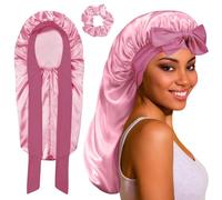 2 Pezzi Berretto da Notte Raso,Berretto da Notte Raso Elastico con Nastro da Legare,Cappello di Seta Extra Lungo con Ampia Fascia per Donne dai Capelli Ricci, Traspirante ed elegante(rosa)