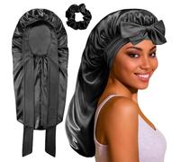 2 Pezzi Berretto da Notte Raso,Berretto da Notte Raso Elastico con Nastro da Legare,Cappello di Seta Extra Lungo con Ampia Fascia per Donne dai Capelli Ricci, Traspirante ed elegante(Nero)