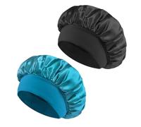 2 Pezzi Berretto di Seta, Cuffia Seta per Ricci Bonnet Notte per Dormire, Cura dei Capelli e Della Pelle, Lavare il Viso, Maschera Facciale Idroterapia Sesso Femminile (Nero, Blu Pavone)