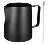 2 Pezzi Bicchiere per Montare Latte 350ml in Acciaio Inox Nero | Manico Arrotondato, Facile da Versare e Pulire, Controllo Preciso della Dose, Set con Penna per Latte Art