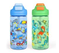 2 Pezzi Borraccia Bambini, 480 ml Borraccia con Cannuccia, Senza BPA, Borraccia Bambina per la Scuola e lo Sport, Borraccia Bambino a Prova di Perdite, Lavabile in Lavastoviglie (Dinosauri & Auto)
