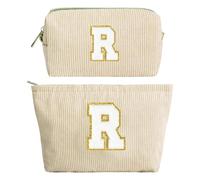 2 Pezzi Borsa per Cosmetici Donna, Corduroy Cosmetic Bag Viaggio, Beige Trousse Trucchi Organizer, Personalizzata Iniziale Regalo Compleanno Natale Ideale per Ragazze Fidanzate Migliori Amiche(R)