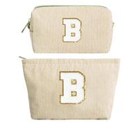 2 Pezzi Borsa per Cosmetici Donna, Iniziale Pochette Trucchi Viaggio, Trousse Trucchi Organizer, Beige Borsa Cosmetica, Regalo Compleanno Natale Ideale per Donne Ragazze Fidanzate Migliori Amiche(B)