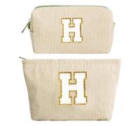 2 Pezzi Borsa per Cosmetici per donna, Iniziale Pochette Trucchi Viaggio, Trousse Trucchi Organizer, Beige Beauty Case, Regalo Compleanno Natale Ideale per Donne Ragazze Fidanzate Migliori Amiche(H)
