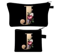2 Pezzi Borsa per Trucco Personalizzata, Regali per Amiche e Madri, Borsa da Donna Personalizzata dalla A alla Z, Borsa per Trucco da Sposa e da Dama di Nozze, Pochette per Make-up con Iniziale, Nero