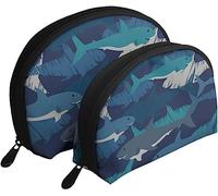 2 pezzi borse per cosmetici borsa per trucco da viaggio scozzese blu cartone animato squali borsa da toilette da donna