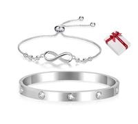 2 Pezzi Bracciale Argento + Bangle Rigido in Acciaio Inossidabile, Bracciale Infinito Donna con Zirconi Regolabile, Gioielli Regalo per Mamma Amica Ragazza