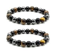 2 Pezzi Bracciale con Tripla protezione, 8 mm 16 a 18 cm Bracciale Naturale autentica perla,Bracciale Occhio Tigre, Perle Ematite e Ossidiana Nera,Porta fortuna e prosperità