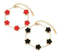 2 Pezzi Bracciale Donna Quadrifoglio Placcato Oro 18 Carati Dorato Four Leaf Clover Bracelet Accessori Ragazza Bracciali Coppia Quadrifoglio Per Matrimoni, Compleanni, Feste (nero + rosso)
