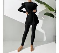 2 pezzi Burkini TUTTO NERO, costume da bagno con maniche lunghe e volant sulla spalla, gonna con anello metallico collegato e pantaloni lunghi neri, set elegante da spiaggia e occasioni speciali L,M,S