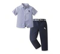 2 pezzi Camicia a maniche corte con righe blu classiche e ricamo di cavallo per bambini piccoli, pantaloni blu navy, completo elegante da gentiluomo, adatto per uso quotidiano, occasioni formali, fest