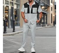 2 pezzi Camicia casual con colletto a revers e pantaloni decorati con bottoni d'argento a contrasto, tasche grandi, outfit sportivo da vacanza hawaiana, primaverile/estivo L,M,S,XL,XXL,XXXLPoliestere