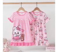 2 pezzi Camicia da notte carina rosa per bambina, a righe orizzontali rosa e bianche con stampa di coniglietti e orsetti, design a collo tondo e maniche corte con balza, morbida e confortevole 6-9M,9-