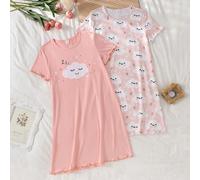 2 pezzi Camicia da notte estiva per ragazze, tema nuvole rosa, una con sfondo rosa solido e grande stampa di nuvole + "ZZZ", l'altra con motivo di nuvole e stelle su tutto il capo, leggera e comoda bi