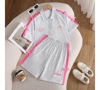 2 pezzi Camicia polo con colletto a fiocco Victoria e pantaloni sportivi traspiranti per ragazze pre-adolescenti, decorati con fiocco 3D 8Y,9Y,10Y,11Y,12YBlocchi di colore,Grafico,LetterePoliestere