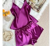 2 pezzi Canotta profonda scollo a V sexy e set pigiama con pantaloncini per donna, eleganti in raso, adatti per tutte le stagioni L,M,SColore unicoRaso