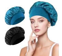 2 Pezzi Cappelli da Notte, Berretto Elastico Antiscivolo per Capelli Ricci, Ideale per Uomini e Donne, Protezione Capelli Senza Crespo, Perfetto per Doccia, Spa e Beauty Routine(Nero&Blu Pavone)