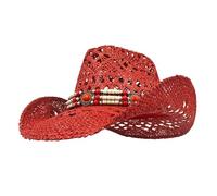 2 pezzi Cappello da cowboy occidentale in paglia for donna e uomo Classico Vintage Traforato Unisex spiaggia pesca arrampicata Per i festival(Red)