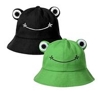 2 Pezzi Cappello da Pescatore Rana per Donna e Uomo Cappello Tessuto in Cotone Cappellino Sole Benna Allaperto Fisherman Hat Trendy Cappello alla Pescatora Adulto Ragazzi e Ragazze (verde + nero)