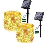 [2 pezzi] Catena luminosa solare per esterni, 8 motivi di 12 m, 120 LED, impermeabile IP65, per illuminazione decorativa di balcone, giardino, feste, campeggio (bianco caldo)