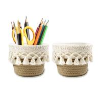 2 Pezzi Cestini Boho in Corda di Cotone 10 x 10 cm - Organizzatore Trucco e Porta Pennelli, Cestino Intrecciato per Tavolo da Toeletta, Bagno, Ufficio - Ideale come Porta Penne e Accessori Make Up