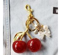 2 pezzi Ciondolo portachiavi elegante a forma di ciliegia con resina scintillante e ciondolo a forma di cuore con perle finte - chiusura in lega a gancio C, ideale come regalo per donne, famiglie, ami