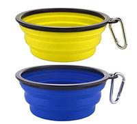 2 pezzi Ciotole per Cani, Pieghevoli in Silicone, con Moschettone da Viaggio e Alpinismo, per L’Acqua e Cibo, Ciotola Pieghevole per Cane, Ciotola Portatile, Azzurro e giallo, 350ml
