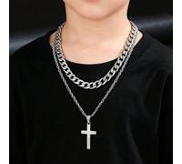 2 pezzi Collana con pendente a croce in acciaio inossidabile stile hip-hop alla moda, con catena intrecciata e catena cubana, per bambini, adatta per feste di strada, festival, gioielli cristiani, reg