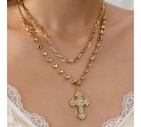 2 pezzi Collana girocollo con ciondolo a croce e cuore in metallo di colore oro, collana sovrapposta per donne, adatto per San Valentino, mamma, festa della mamma, regalo Tagli UnicaFerro,Perline rive